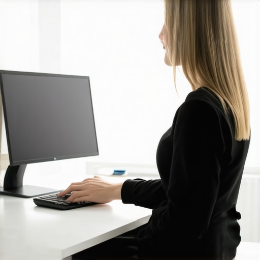 Perfect Ergonomic Desk Alignment A demonstration of proper desk ergonomics including monitor distance, armrest height, and posture.