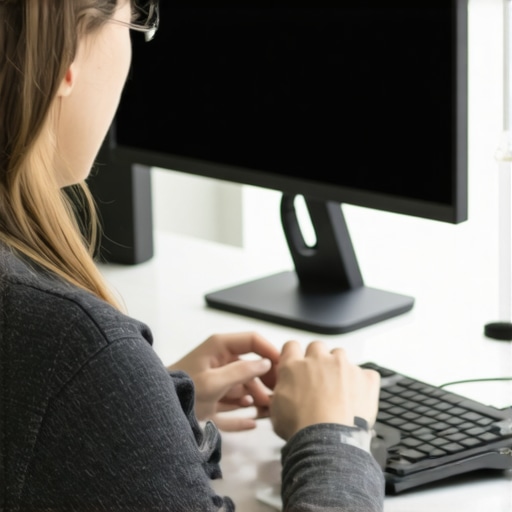 Perfect Ergonomic Typing Posture Close-up showing the correct 90-degree elbow angle and neutral wrist position for typing at a desk.