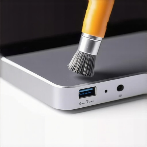 A person cleaning a USB-C port with a precision brush to ensure a clean connection.
