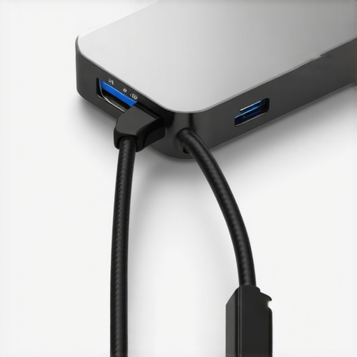A high-quality braided video cable and a professional USB-C dock on a wooden desk.