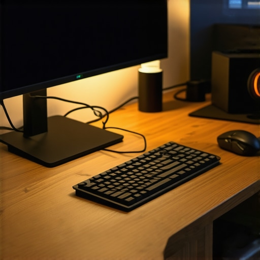 Premium Desk Setup Cable Management Neat cable management system under a modern wooden desk setup with ambient lighting.