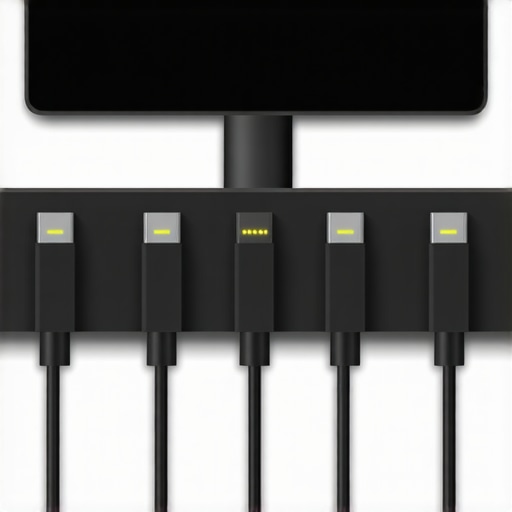 Premium USB-C Dock Maintenance and Cable Organization Close up of a high-end USB-C docking station with organized cables on a wooden desk.