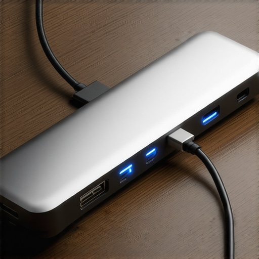 Close-up of an aluminum USB-C dock with braided cables on a dark wood desk under soft lighting.