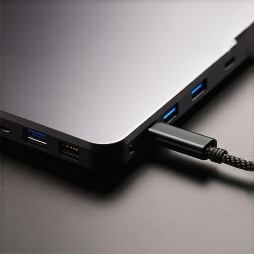 Premium USB-C Dock with High-Quality Cables Close-up of a Thunderbolt docking station on an oak desk with braided cables.