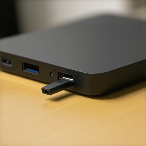 A USB-C hub with a wireless mouse dongle attached via an extension cable to prevent signal lag.