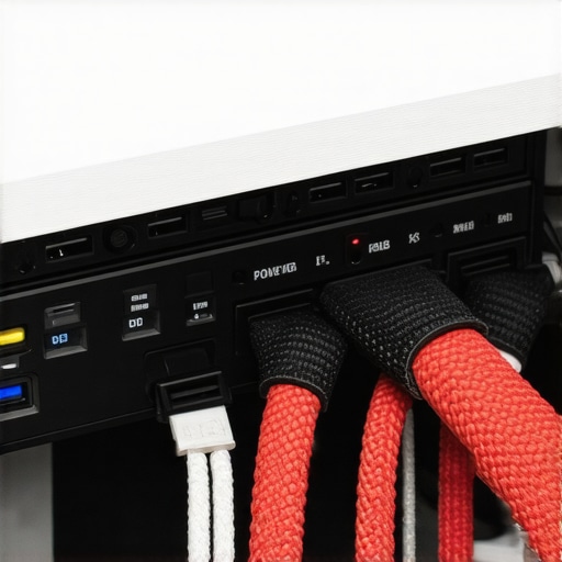 A close-up view of organized cables and power bricks under a modern desk.