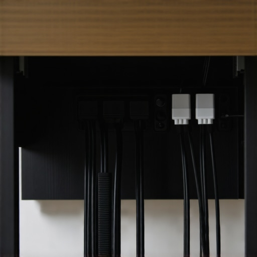 Pro Cable Management for Standing Desks Under-desk cable management showing a mounted power strip and flexible cable sleeve