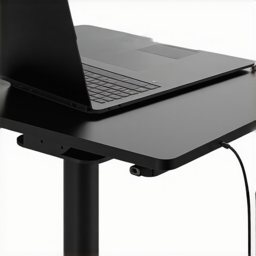 A professional laptop setup mounted under a desk with organized cables and a USB-C dock.