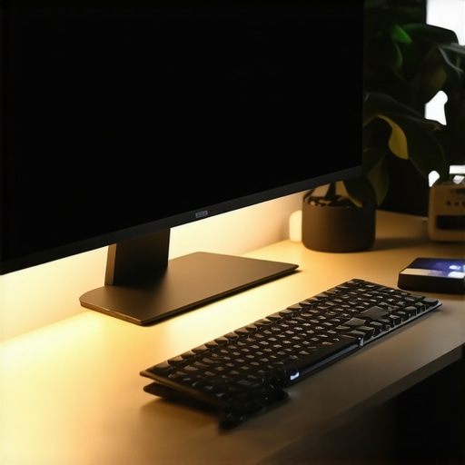 A clean and ergonomic professional home office desk setup with high-end tech accessories.