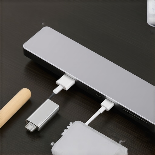 Proactive Desk Maintenance and Cable Organization Close-up of a USB-C dock with organized cables and cleaning tools on a desk.