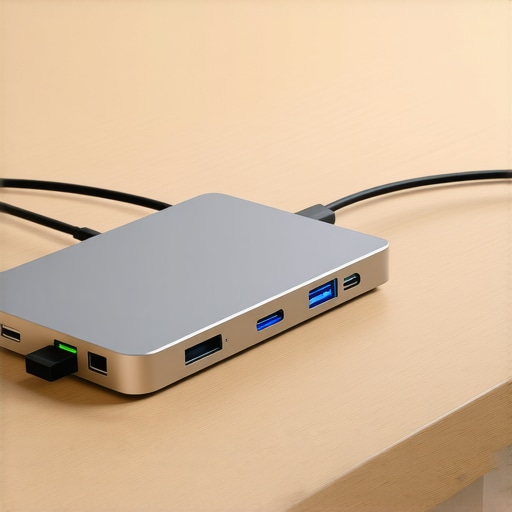 Professional Aluminum USB-C Docking Station A high-end metal USB-C dock with multiple cables connected on a modern desk setup.