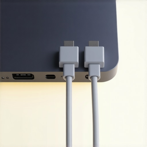 Close-up of a USB-C dock with organized and labeled cables using non-adhesive clips.