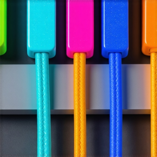A macro view of organized, labeled USB-C cables connected to a docking station.