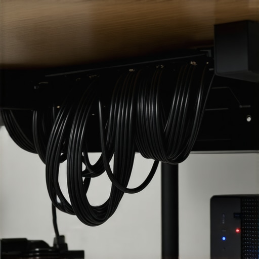 Close up of organized cables under a desk with cleaning tools