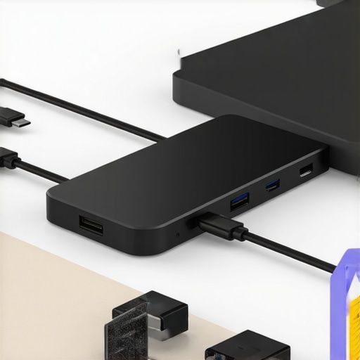 A well-organized USB-C dock with labeled cables for an efficient office setup.