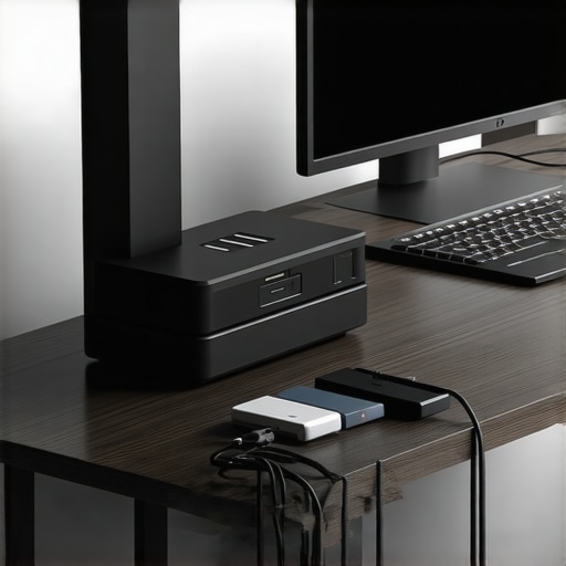 An organized desk featuring a vertical USB-C dock and labeled power bricks for easy maintenance.