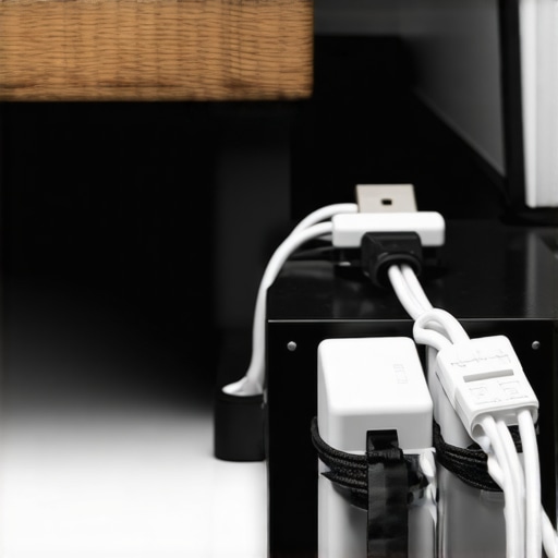 Professional Cable Management for Multi-Device Desk Setup Under-desk cable management tray with organized power bricks and labeled tech cables