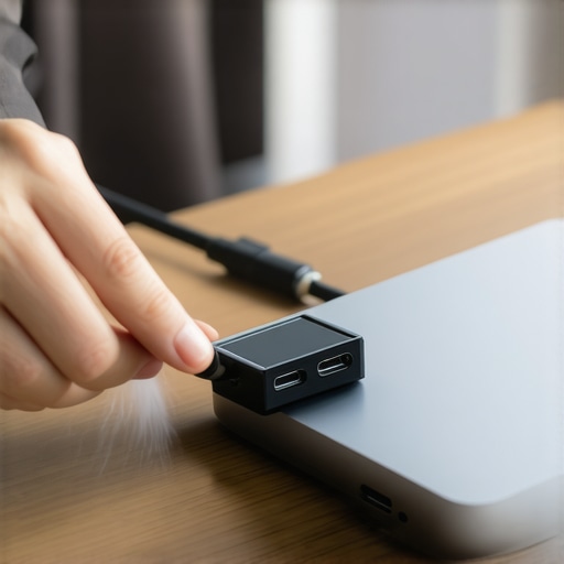 Cleaning dust from a silver USB-C dock using a specialized brush and compressed air.