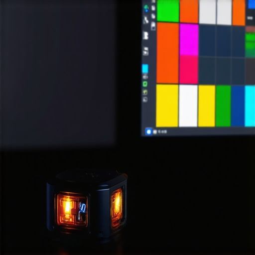A colorimeter device calibrating two side-by-side monitors for color accuracy.