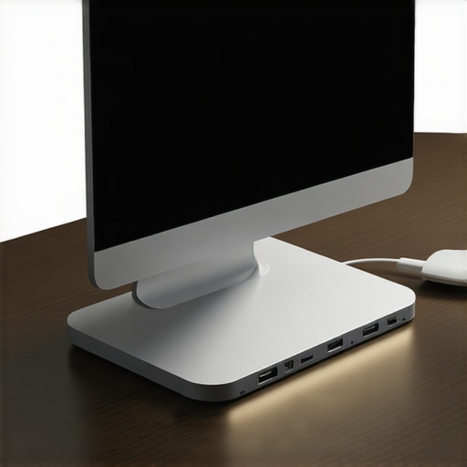 Professional Desk Connectivity and Lighting Infrastructure A high-quality USB-C dock and monitor light bar setup on a modern desk.