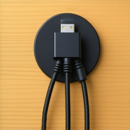 A close-up of neatly organized cables passing through a desk grommet.