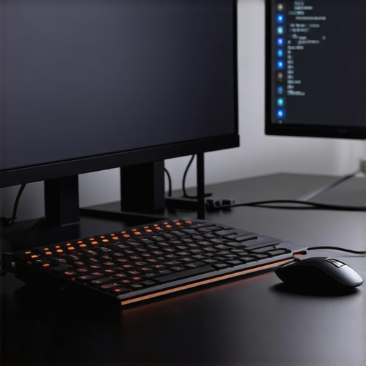 Professional Desk Lighting and Connectivity Setup A clean, professional home office desk setup featuring ergonomic lighting and a centralized USB-C docking station.