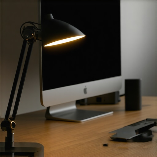 Professional Desk Lighting and Connectivity Setup A professional workspace featuring a high-CRI desk lamp and a USB-C dock connected to a high-resolution monitor.