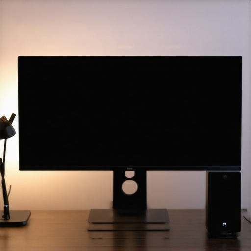 A clean workspace featuring bias lighting behind a monitor and a managed USB-C dock to prevent interference.