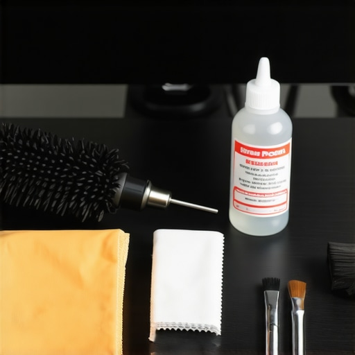 A collection of tools for cleaning and maintaining computer monitors, USB-C docks, and office accessories.