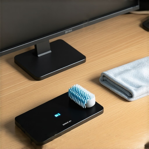 Professional Desk Maintenance Tools Maintenance kit for a triple monitor desk setup including an electronic duster and microfiber cloth.