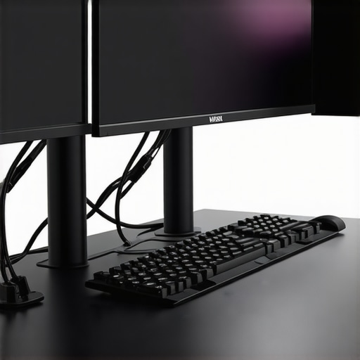 Professional Desk Setup Maintenance and Cable Management A clean and organized professional desk setup featuring cable management and dual monitors.