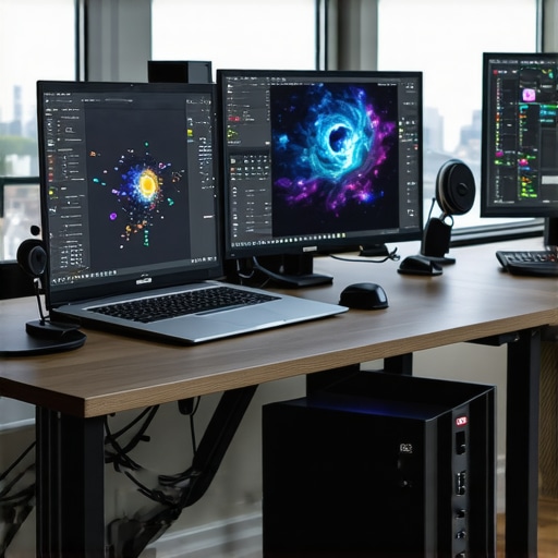 Professional Desk Setup Nuances A detailed view of a professional workspace with multiple monitors and a docked laptop.