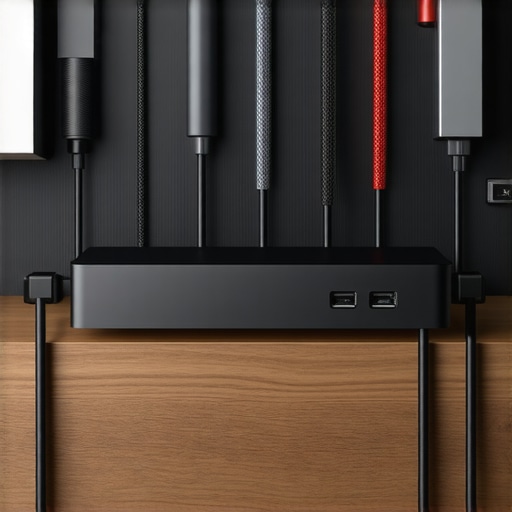 Professional Dock and Cable Management Setup Close-up of a well-organized Thunderbolt dock and cable management system on a professional desk.