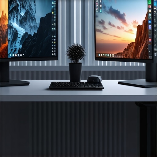 A clean, ergonomic dual monitor desk setup showing perfect alignment and cable management.