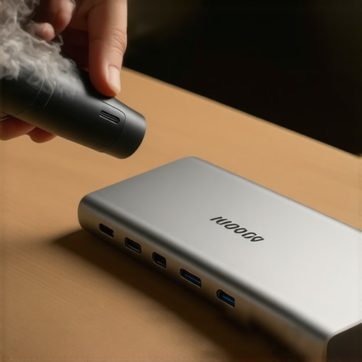 Professional Electronics Maintenance Tool Using an electronic duster to clean a USB-C dock for maintenance