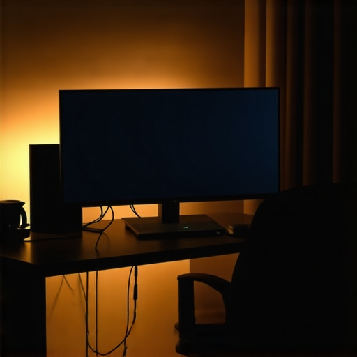 Professional Ergonomic Desk Lighting and Dock Setup A curved monitor with warm bias lighting and an organized USB-C dock on a modern desk.