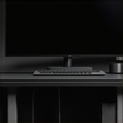 Professional Ergonomic Desk Setup with Vertical Laptop Mount Close up of a modern office desk showing a monitor light bar and a vertical laptop stand for better cooling.