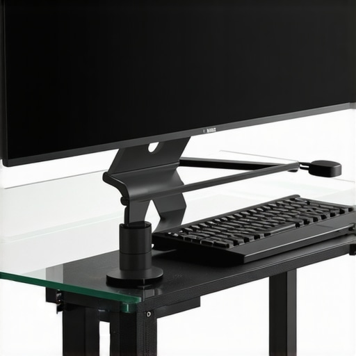 Professional Glass Desk Setup with Docking Station A clean glass desk setup featuring a USB-C dock and managed cables for a professional workspace.
