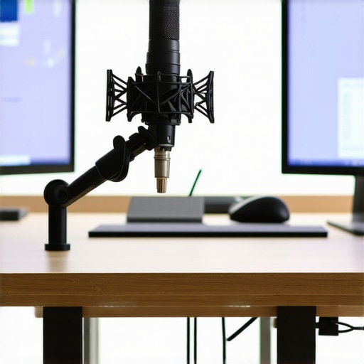 A high-quality microphone boom arm mounted to a desk with clean cable management.