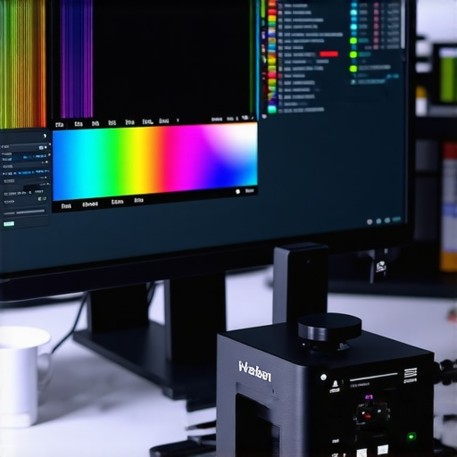 Professional Monitor Calibration Tool in Action A colorimeter device calibrating an ultrawide office monitor for color accuracy