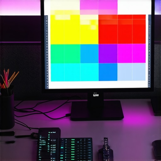 Close up of a high-end monitor showing color calibration tools on a Mac setup.