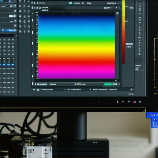 A monitor being calibrated with a hardware colorimeter to ensure color accuracy.