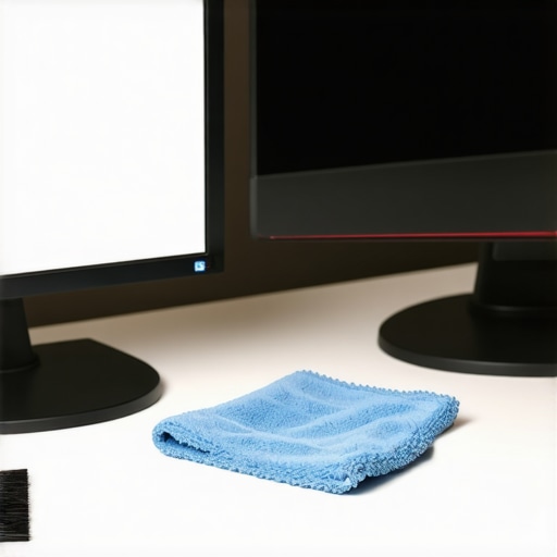 Professional Monitor Cleaning Essentials High-end screen cleaning solution and microfiber cloth for computer monitors.