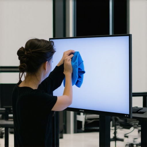 Professional Monitor Cleaning Technique Microfiber cloth cleaning a high-end computer monitor