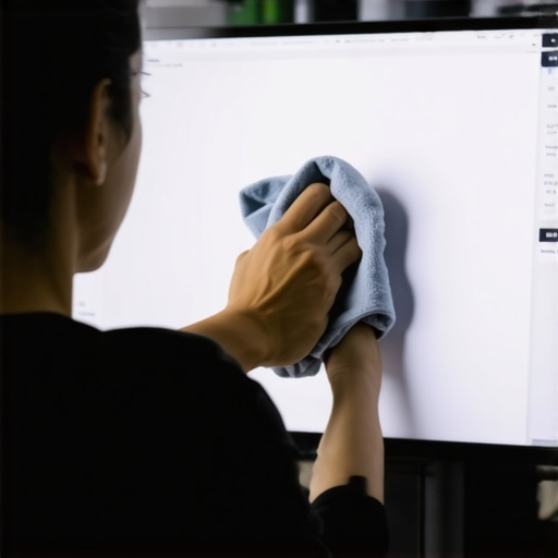 Professional Monitor Cleaning Technique Microfiber cloth cleaning a computer screen in a modern workspace