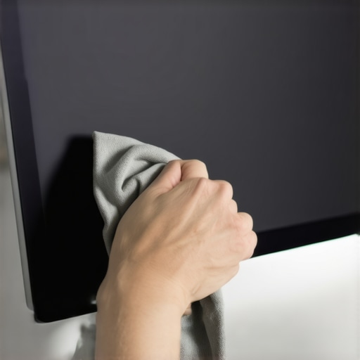 A person using a microfiber cloth to clean a high-end computer monitor on a clean desk.