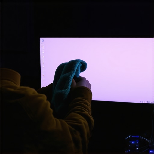 Professional Monitor Cleaning and Maintenance A person cleaning a computer monitor with a microfiber cloth in a well-lit office setup