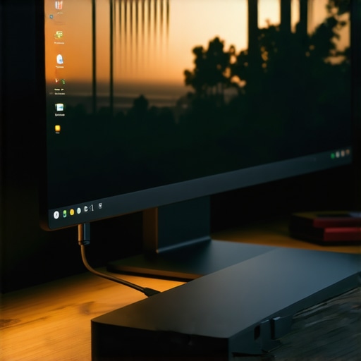 A color-accurate dual monitor setup connected to a professional USB-C dock with warm ambient backlighting