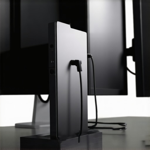 Professional Multi-Monitor Dock Setup A vertically mounted USB-C dock connecting to three monitors on a professional desk.