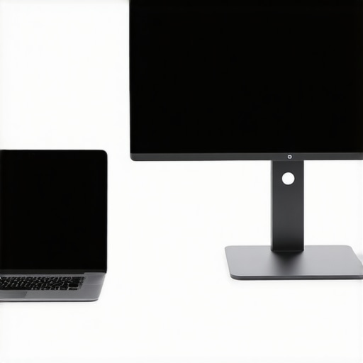 A clean, well-maintained desk setup with a monitor and an iPad on a magnetic arm.